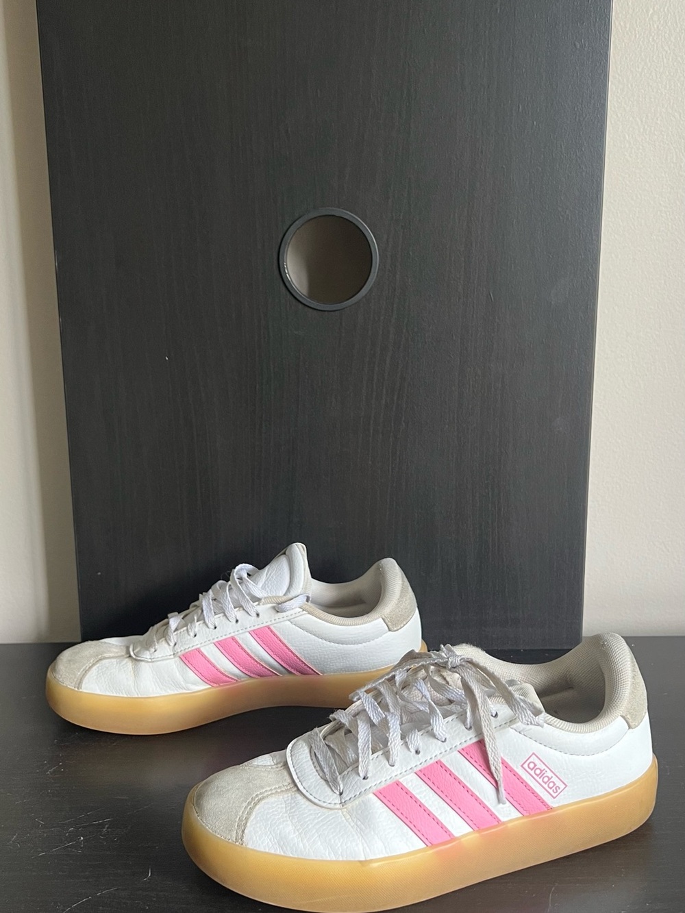 adidas Women’s White Sneakers with Pink Stripes and Gum Sole